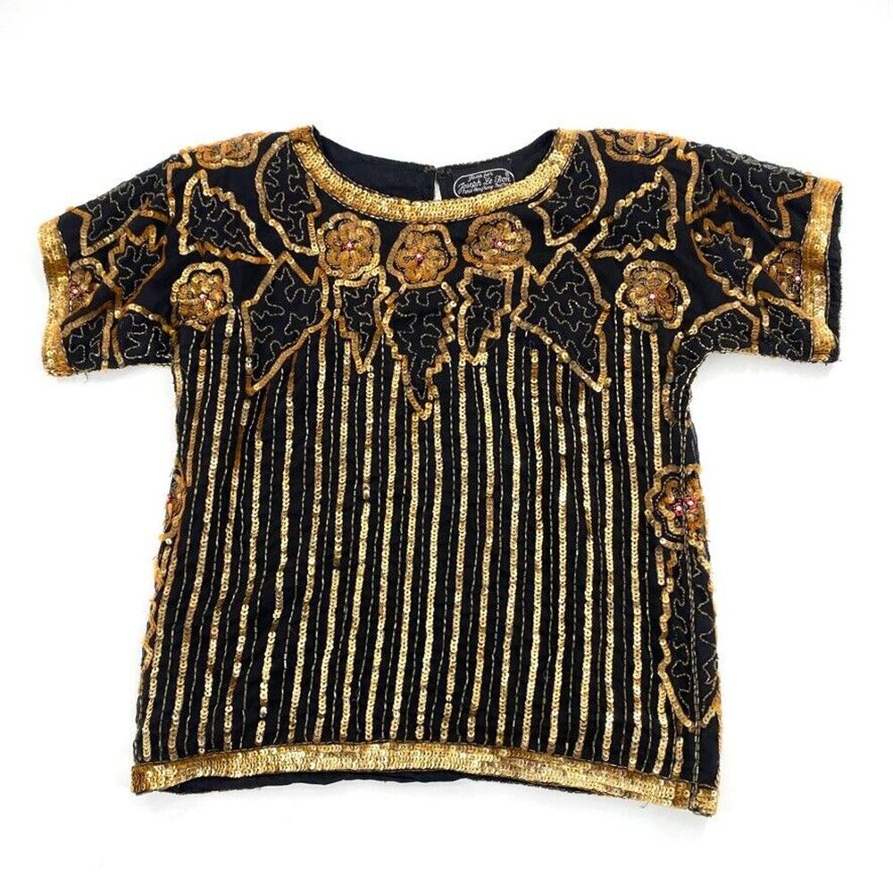 Vintage Jean for Joseph‎ Le Bon Black Gold Sequin Floral Beaded Silk Top Sz S